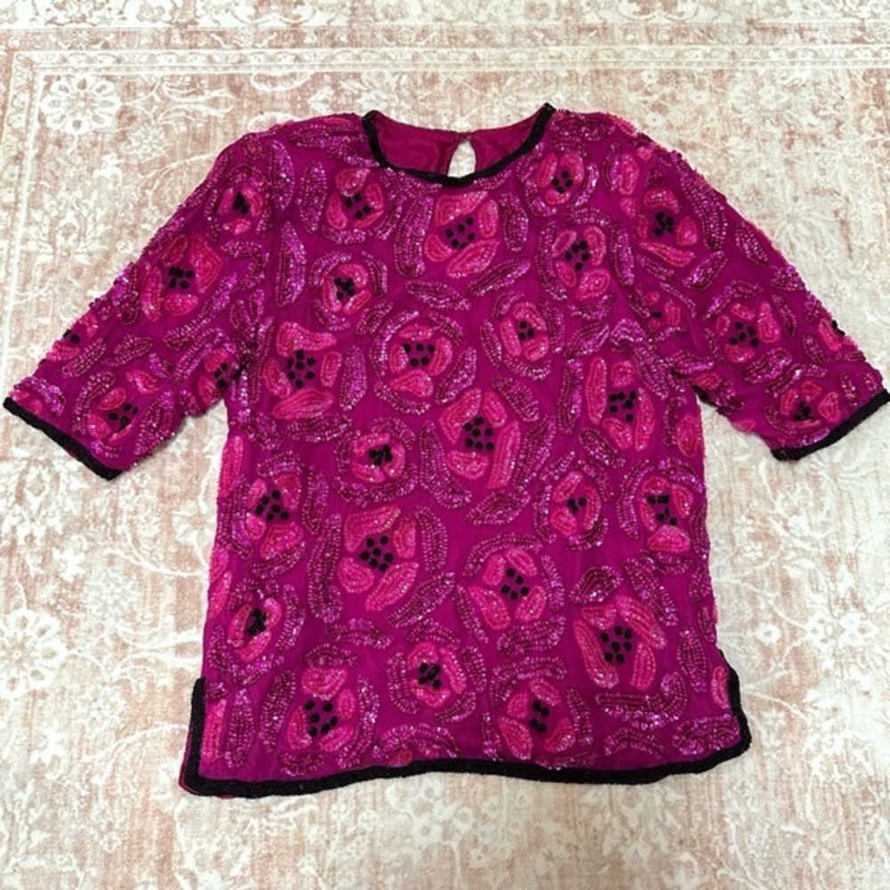 Vintage 100% Silk Beaded Camellia Sequins Pink Top
